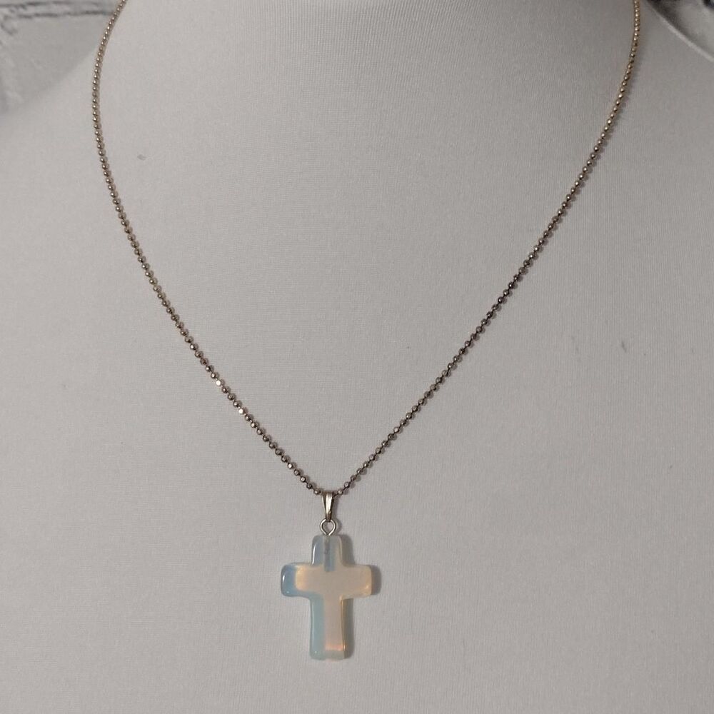 Sterling Silver 925 Ball Chain Necklace with Translucent Cross Pendant 18 Inch